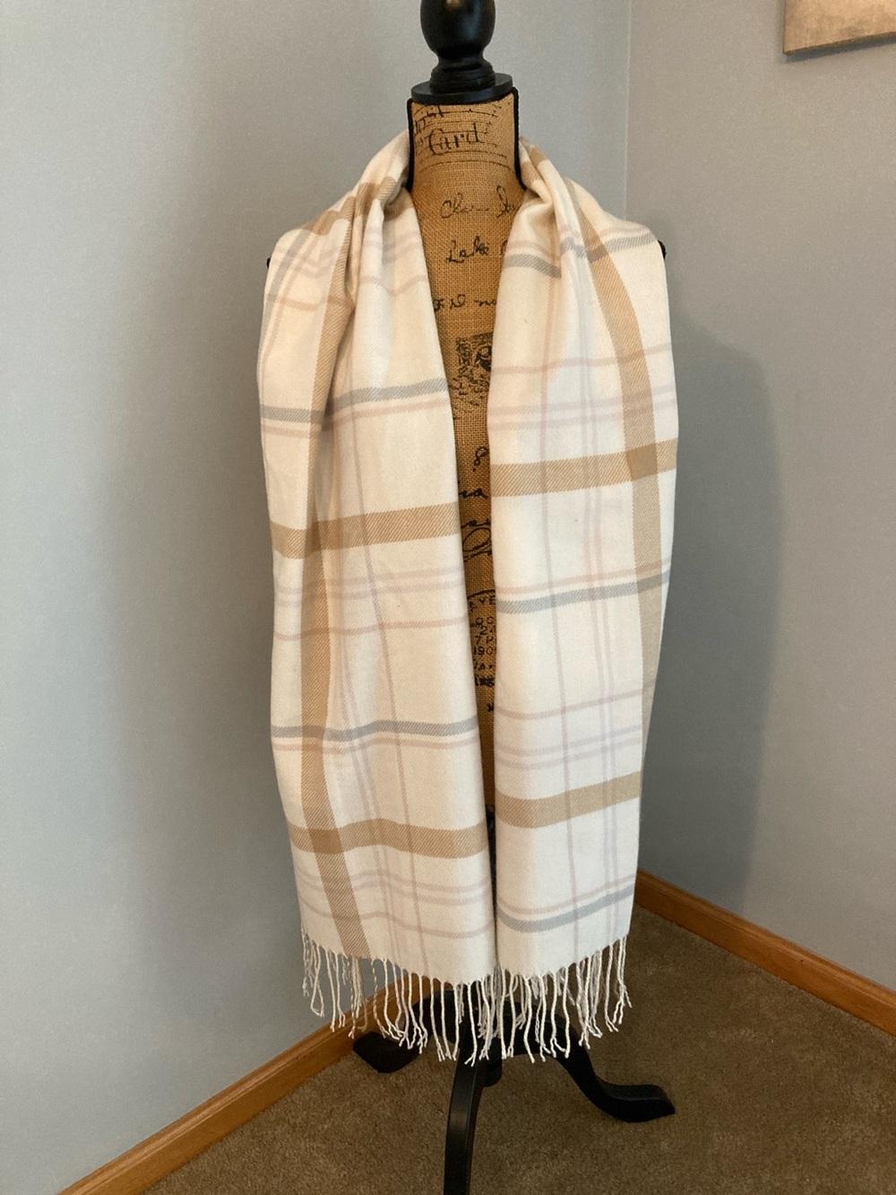 Steve Madden Beige and Cream Plaid Fringe Scarf Wrap